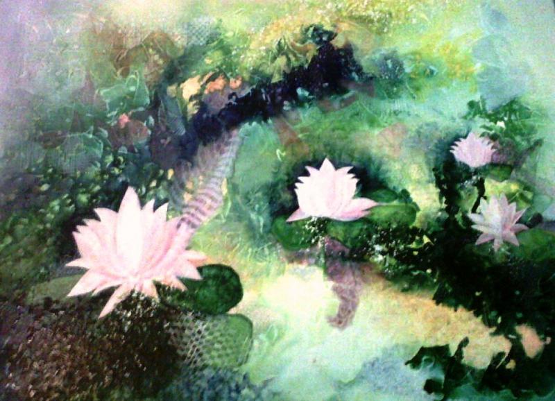 800x578 Lotus Pond By Artist Shuchi Khanna Nature Art Acrylic Paintings - Lotus Pond Painting