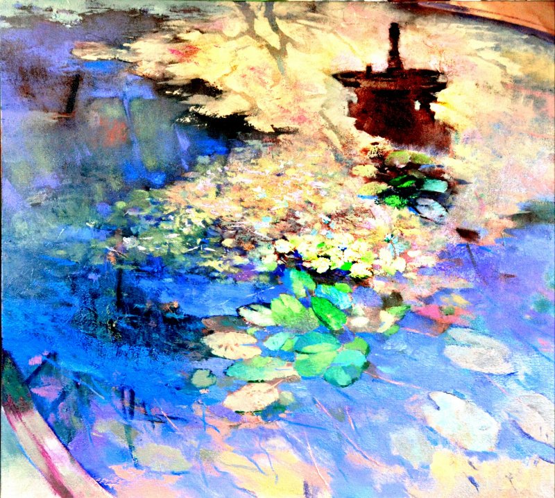 800x718 Lotus Pond By Artist Sikandar Mulla Nature Art Oil Paintings - Lotus Pond Painting