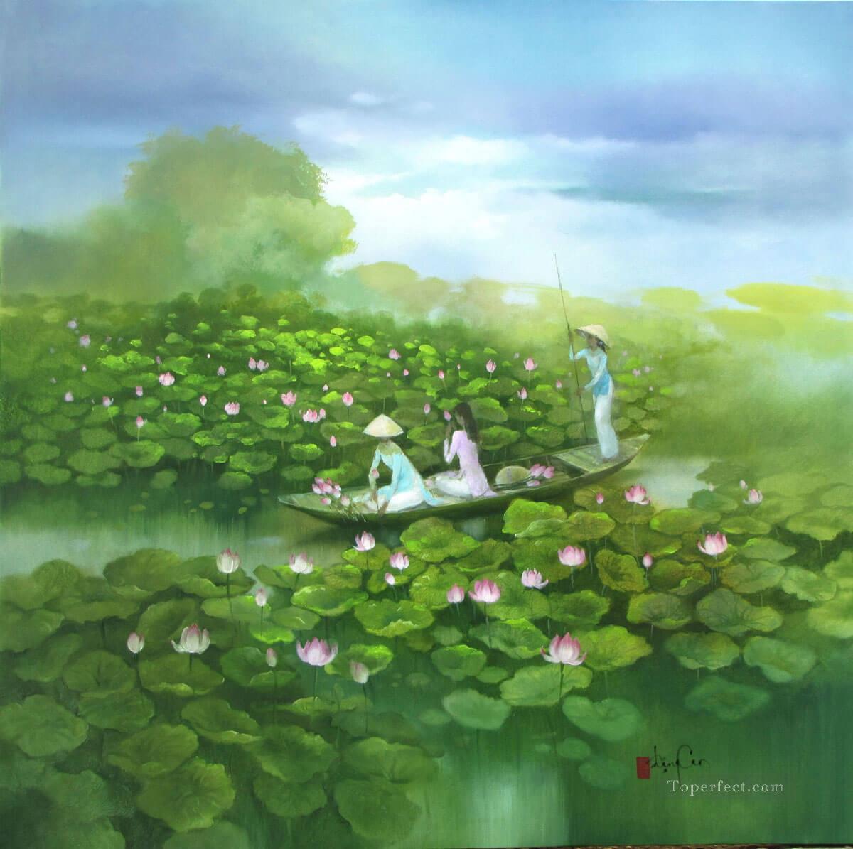 1200x1195 Lotus Pond Vietnamese Asian Painting In Oil For Sale - Lotus Pond Painting