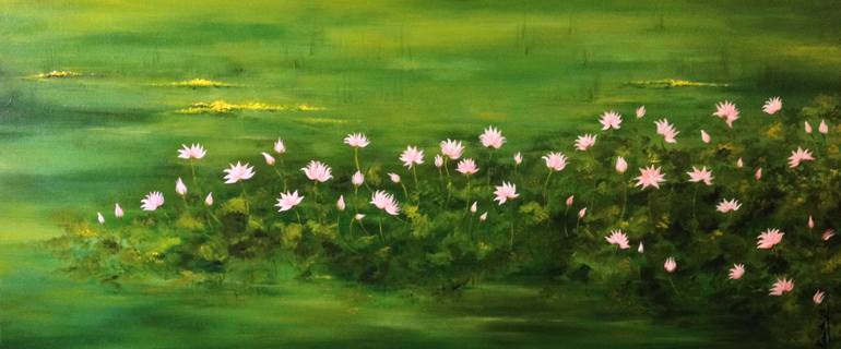 770x320 Saatchi Art A Soulful Lotus Pond Painting By Kavita Muthanna - Lotus Pond Painting