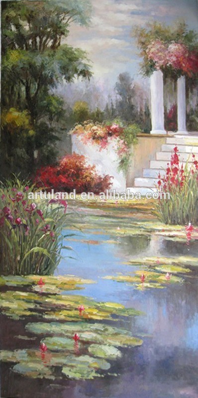 398x800 Beautiful Village Landscape Oil Painting Lotus Pond Scenery - Lotus Pond Painting