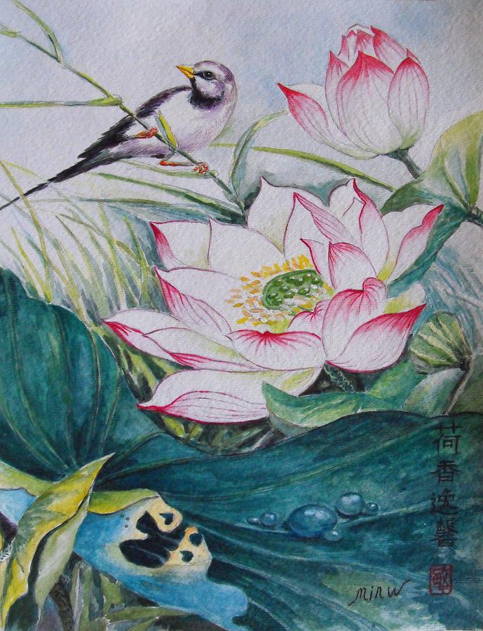 689x900 Lotus Flower Pond Painting By Min Wang - Lotus Pond Painting