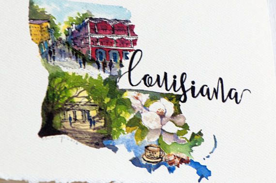 570x379 Louisiana State Map Artlong Distance State Art Hand Painted - Louisiana State Painting