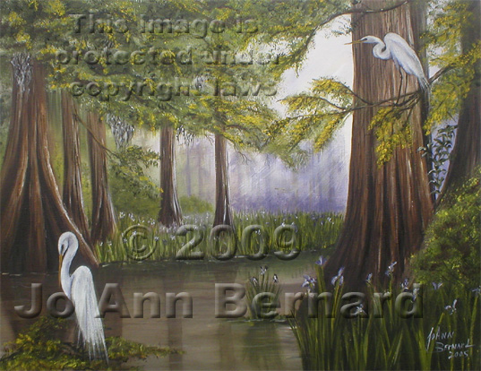 537x414 Swamp Scene And Louisiana Egret Paintings, Original Oil Paintings - Louisiana Swamp Painting