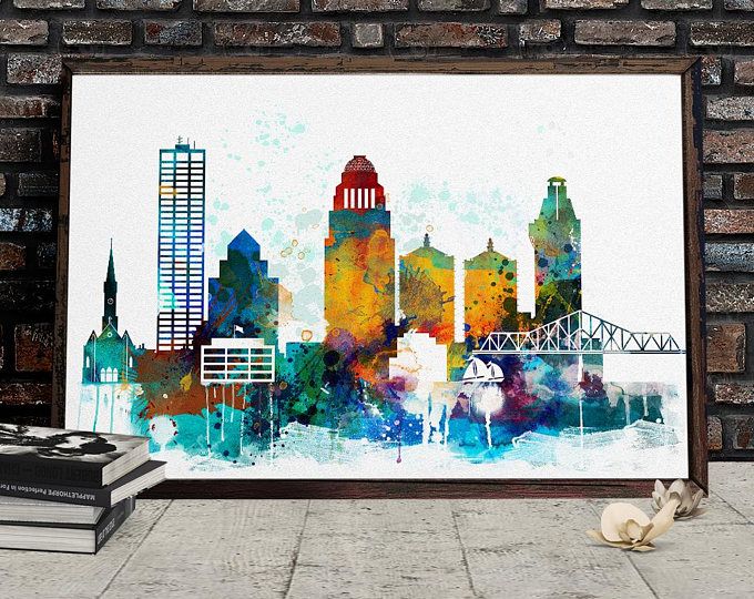 680x540 Watercolor Louisville Skyline, Louisville Printable Cityscape - Louisville Skyline Painting