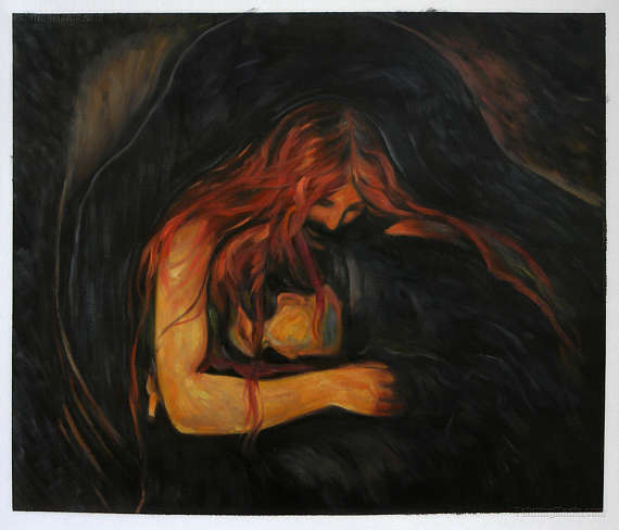 570x488 Vampire 1894 Edvard Munch Hand Painted Oil Painting - Love And Pain Munch Painting