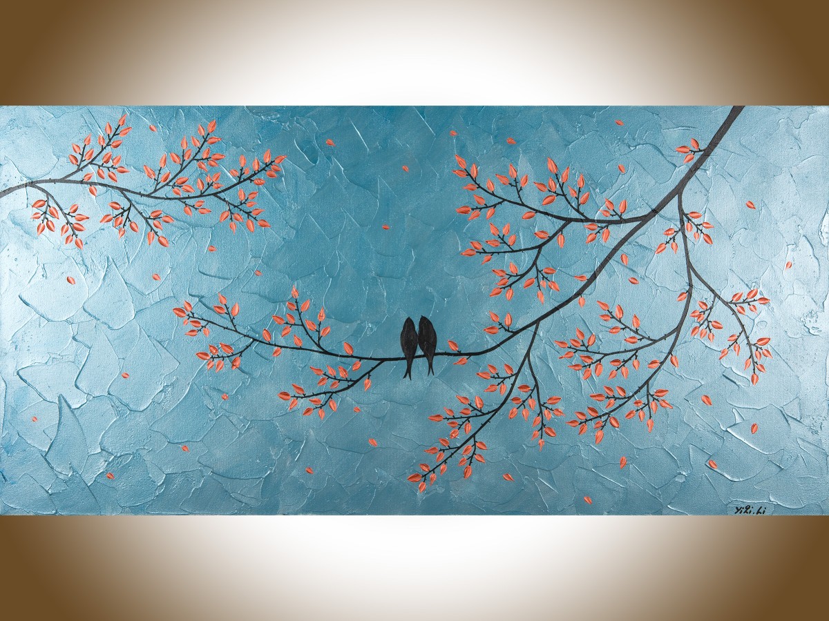 1200x900 Just Us By Qiqigallery 48 X 24 Large Abstract Copper Painting - Love Birds Canvas Painting