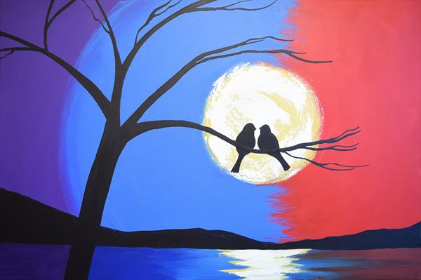 600x399 Landscape Painting Large Tree Of Life Wall Art Love Birds Title - Love Birds Painting