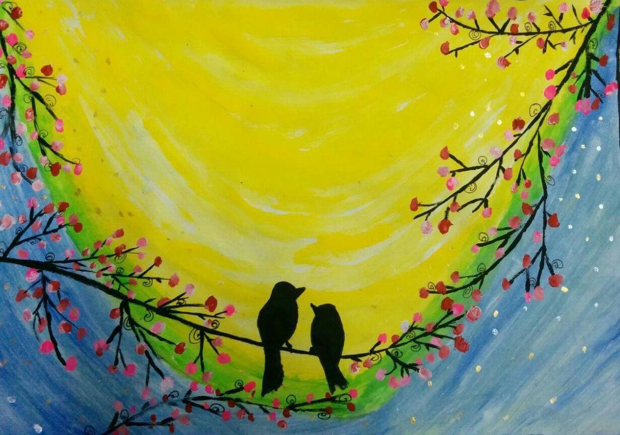 1230x862 Buy Love Birds Handmade Painting By Susmitha Koduri. Code - Love Birds Painting