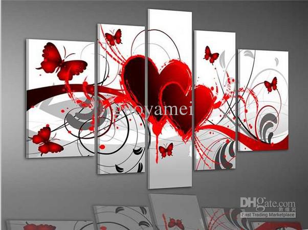 602x450 2018 Group Wall Art Red Heart Love Butterfly Oil Painting - Love Canvas Painting