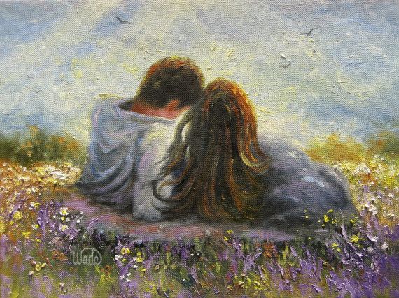 570x427 Loving Couple Original Oil Painting, Lovers In Spring Art, Spring - Love Oil Painting