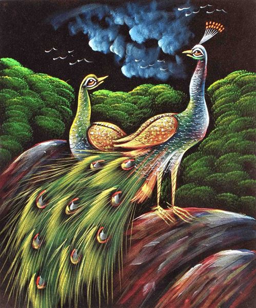 499x600 Flashing Painting Of Love Birds Peacock Amp Peahen In Silent Night - Love Painting