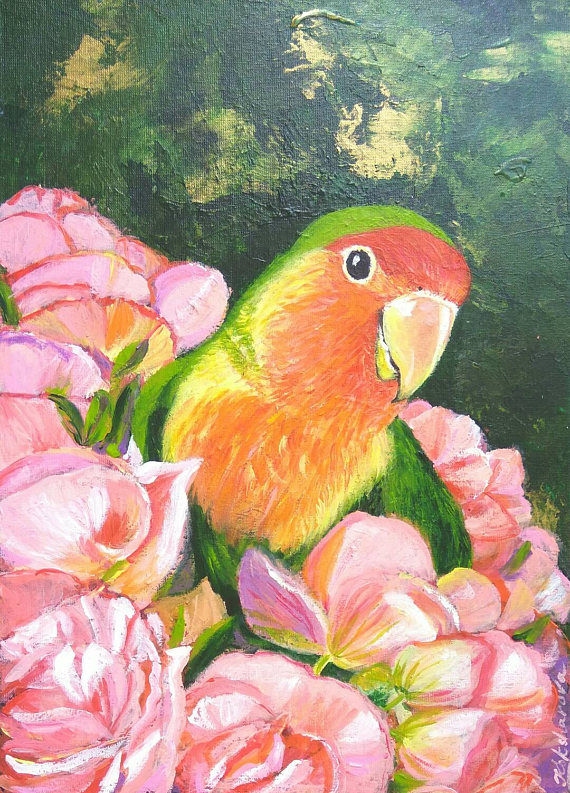 570x793 Lovebird In The Flowers, Original Acrylic Painting, Parrot Art - Lovebird Painting