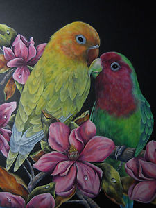 225x300 Lovebirds African Birds Parrots Magnolia Flower Painting Ebay - Lovebird Painting