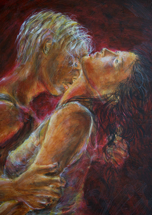 638x900 Lovers In Red Painting By Nik Helbig - Lovers Kiss Painting