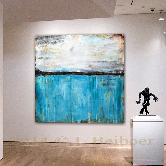 570x570 Original Large Square Abstract Painting 48 X 48 White Blue - Lower 48 Painting