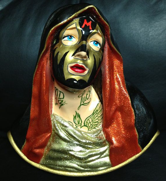 570x623 Large Hand Painted Luchador Virgin Mary Plaque Lucha Libre Mil - Lucha Libre Painting