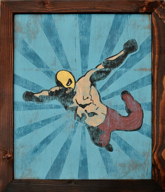 570x664 Flying Lucha Libre Framed Painting Mexican Wrestler By Tabooisland - Lucha Libre Painting