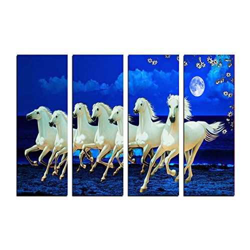 500x500 Ecraftindia 4 Panel Lucky 7 Running Horses Premium Canvas Painting - Lucky 7 Painting