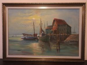 300x225 Original Stunning Oil Painting By Luini, Harbor Scene Great - Luini Painting