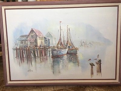 400x299 Vintage Estate Original Luini Fishing Boats At Dock Oil On Canvas - Luini Painting