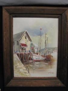 225x300 Vintage John Luini Signed Original Oil On Canvas Painting Boats - Luini Painting