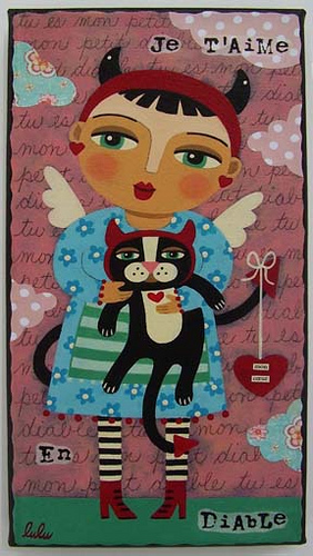 282x500 Valentine Devil Angel Amp Cat - Lulu Painting