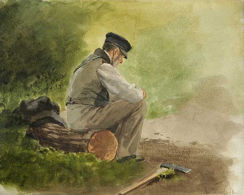 800x639 Sitting Lumberjack Painting Louis Douzette Oil Paintings - Lumberjack Painting