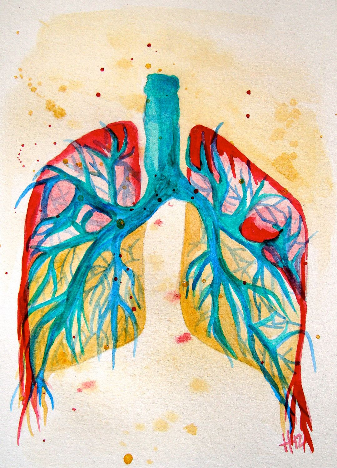 1079x1500 Lungs Anatomy Colorful, Original Watercolor Painting 5x7 - Lungs Painting