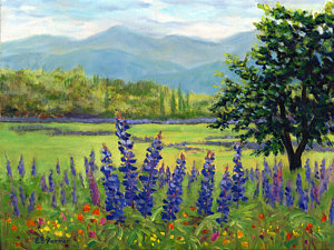 300x225 Lupine Field, Sugar Hill, Nh Painting By Elaine Farmer - Lupine Painting