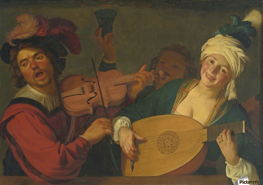 900x634 A Merry Group Behind A Balustrade With A Violin And A Lute Player - Lute Player Painting