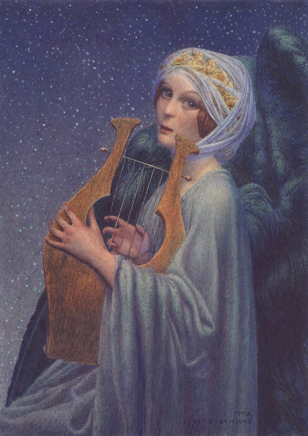 1200x1701 Woman With Lyre Painting Carlos Schwabe Oil Paintings - Lyre Painting