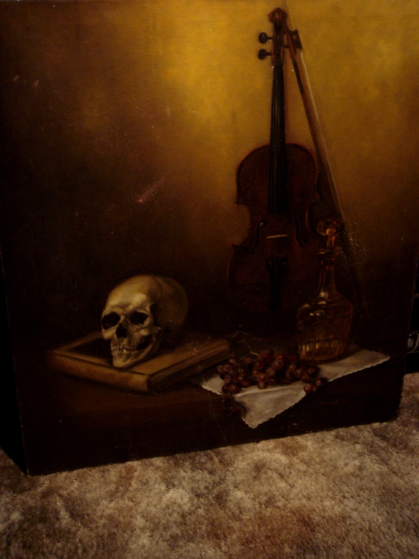 600x800 Large Macabre Oil Painting With Human Skull, C. 1961 For Sale - Macabre Painting