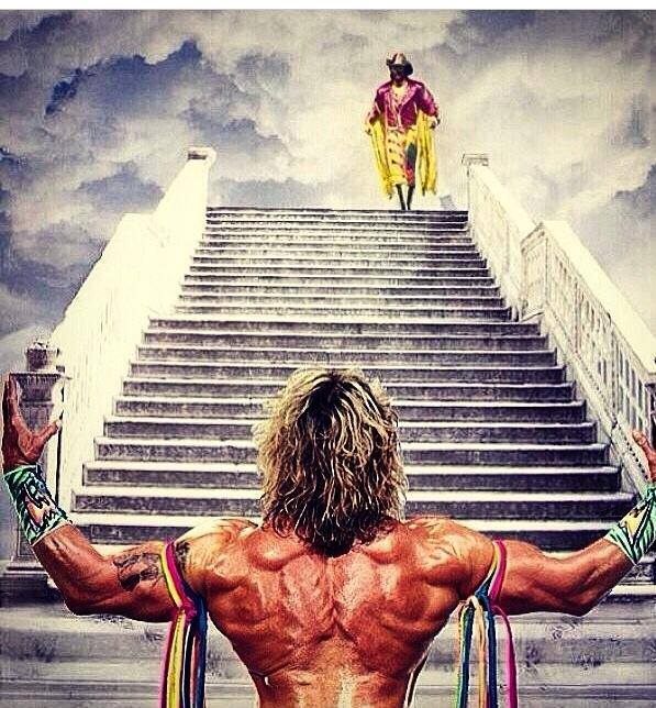 597x644 The Ultimate Warrior And Randy Savage Meet On Stairway To Heaven - Macho Man Randy Savage Painting