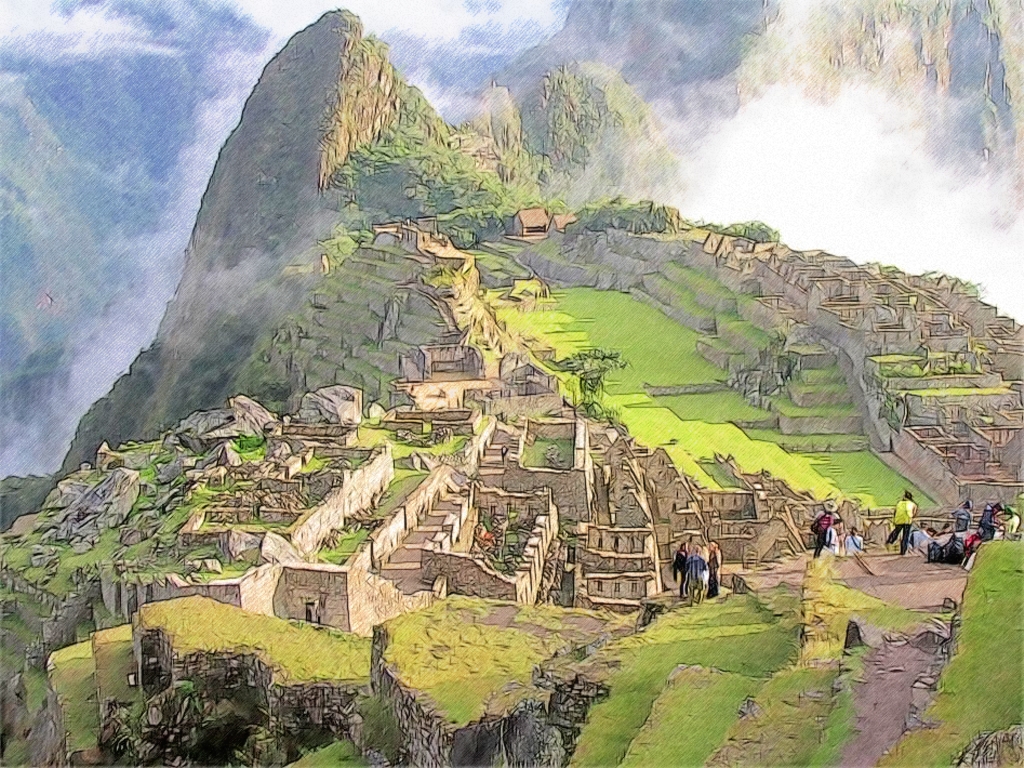 1024x768 Machu Picchu Ruins(Sketch) By T Douglas Painting - Machu Picchu Painting