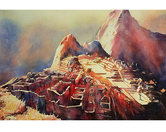 570x456 Watercolor Painting Of Ruined City Of Machu Picchu Sacred - Machu Picchu Painting
