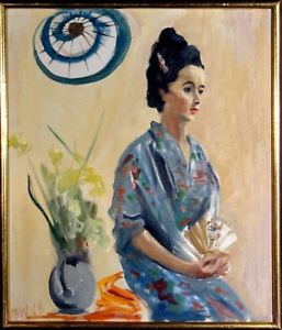 257x300 Superb Ca.1968 Young Japanese Geishamadame Butterfly Painting Oil - Madame Butterfly Painting