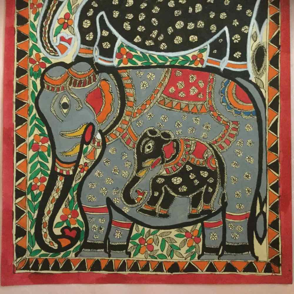 1000x1000 Elephants Family - Madhubani Painting