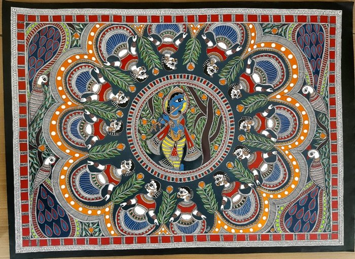 700x512 Brindavan Raas Of Krishna Madhubani Art By Artist De Kulture Works - Madhubani Painting