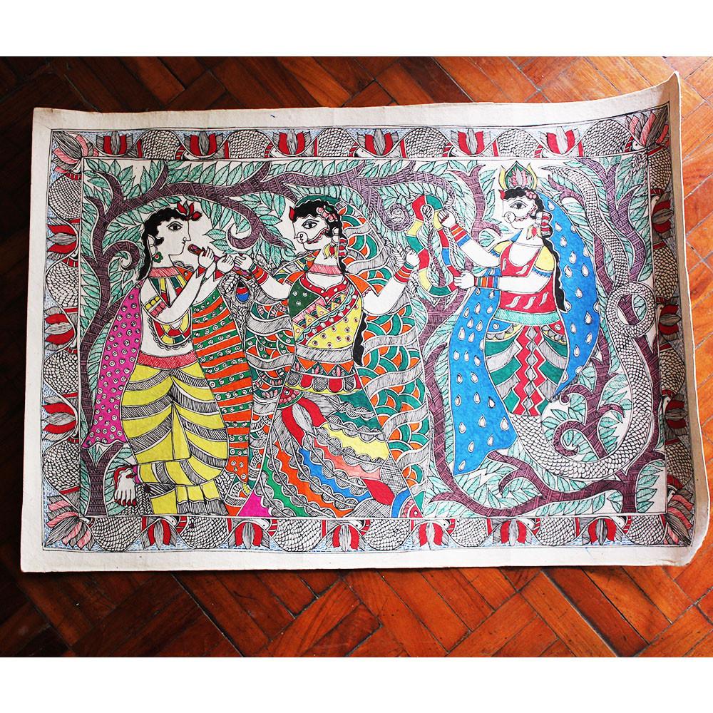 1000x1000 Madhubani Painting Of Lord Krishna With Village Belles Painted - Madhubani Painting Images