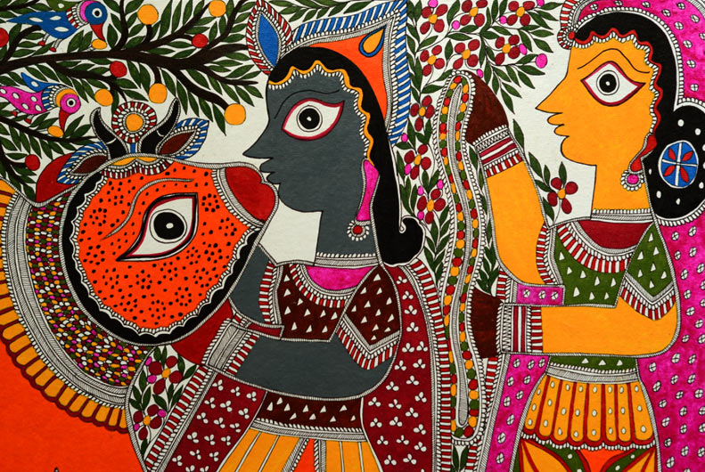 791x530 Madhubani Painting ~ Krishna Radha With Cow (22'' X 30'') - Madhubani Painting Images