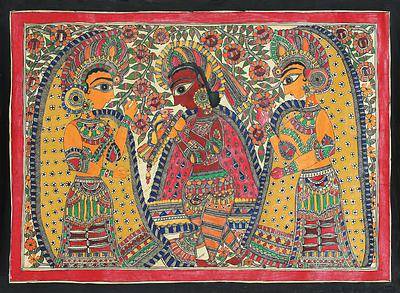400x293 Authentic Signed Madhubani Folk Art Painting Of Krishna - Madhubani Painting Images