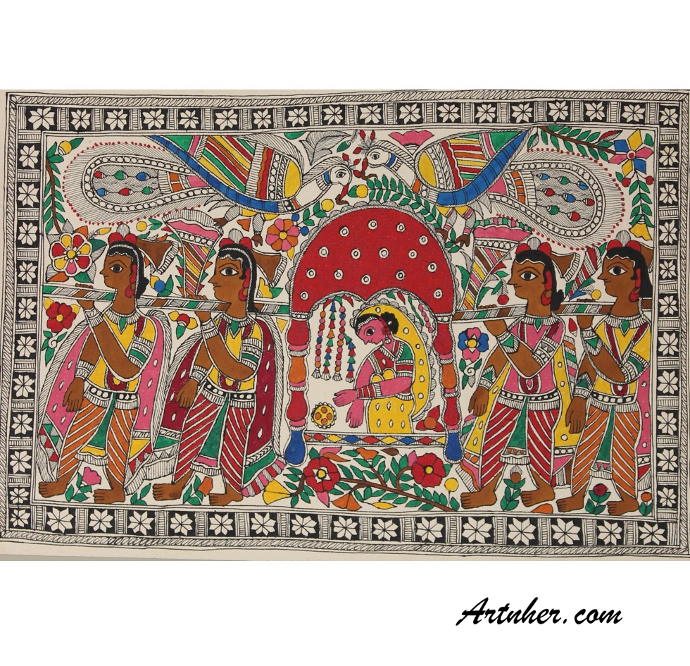 980x945 Indian Bride Palanquin Theme, Madhubani Painting, Buy Online - Madhubani Painting Online