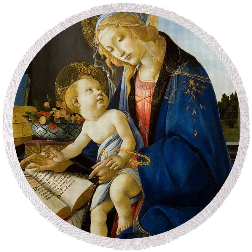 850x850 The Virgin And Child.the Madonna Of The Book Round Beach Towel - Madonna Of The Book Painting