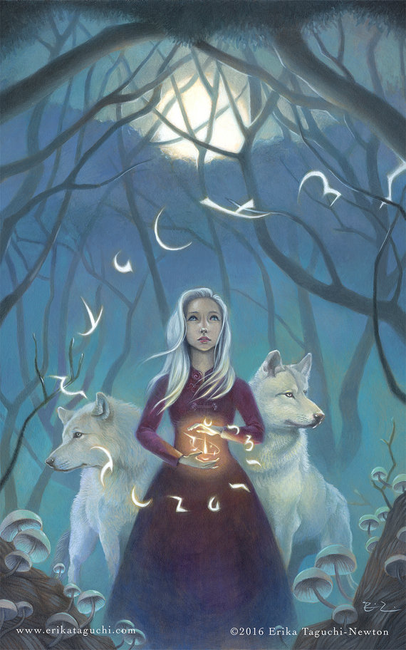 570x912 Girl With Wolves Art 9x12 Magical Forest Painting White Hair - Magical Forest Painting