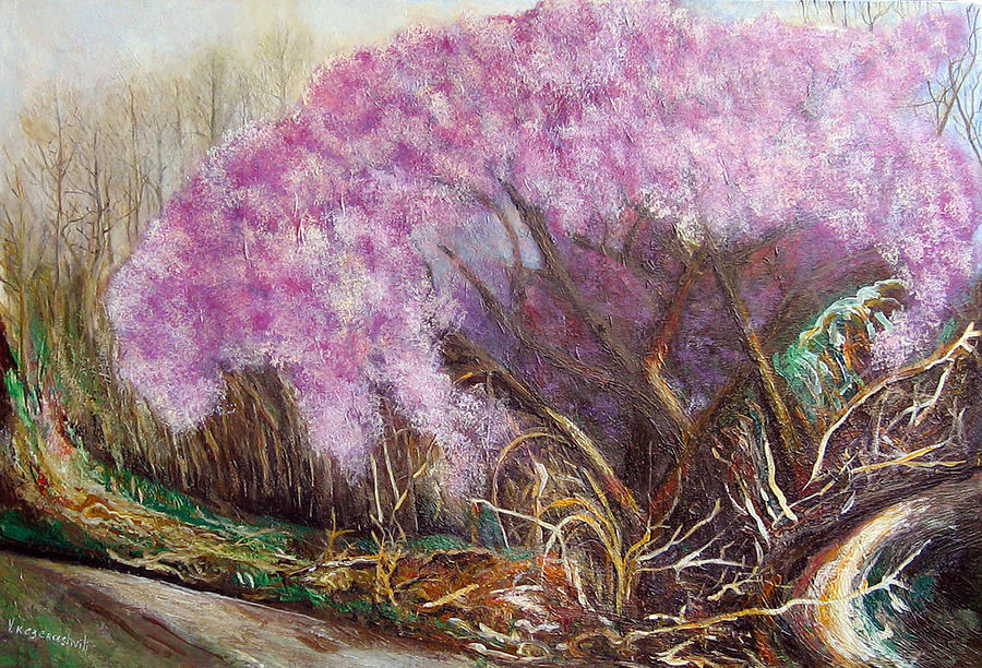 900x612 Magnolia Trees In Blossom Painting By Vladimir Kezerashvili - Magnolia Tree Painting