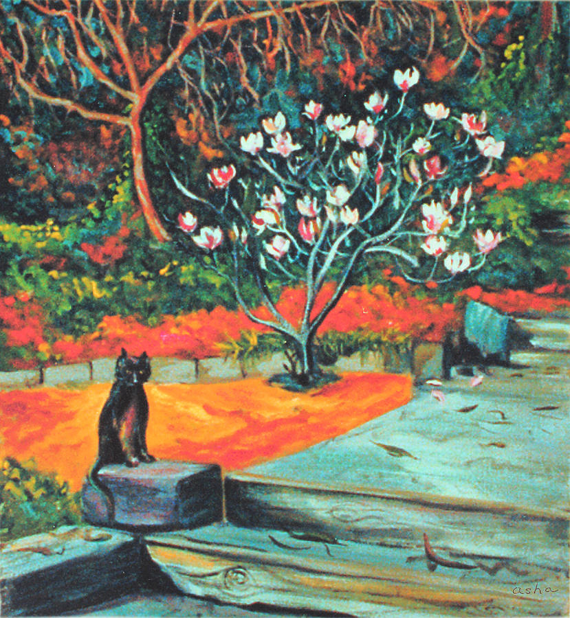 829x900 Old Bear Cat And Blooming Magnolia Tree Painting By Asha Carolyn Young - Magnolia Tree Painting