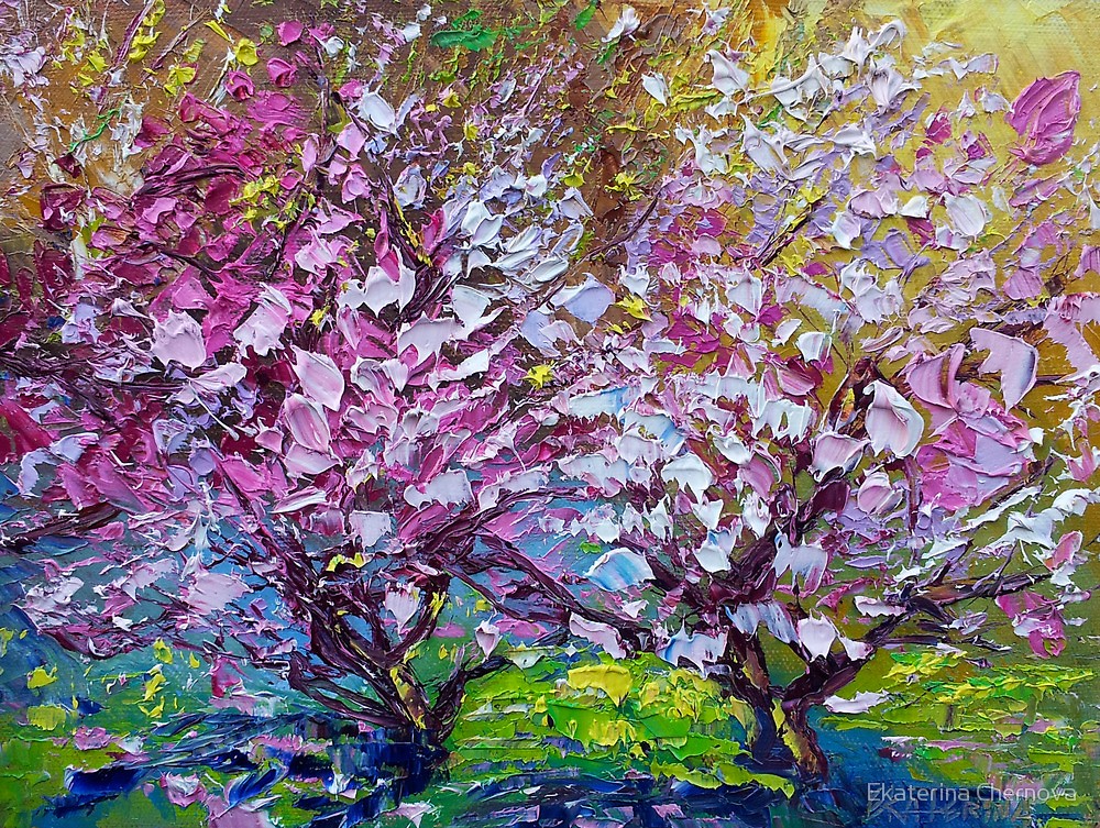 1000x753 Spring Painting Of Pink Flowers On Magnolia Tree Fine Art By - Magnolia Tree Painting
