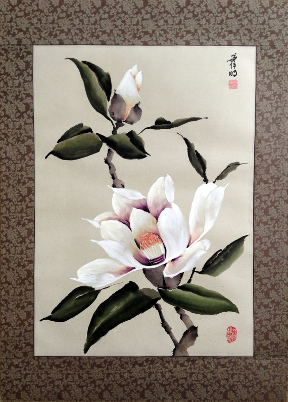 570x796 White Mulan Magnolia Chinese Watercolor Painting 25.5 X - Magnolia Watercolor Painting