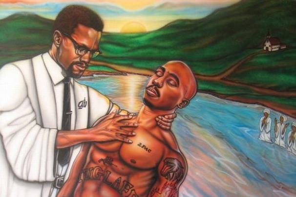 606x404 One World One Hip Hop Tupac Baptised By Malcolm X Art - Malcolm X Painting